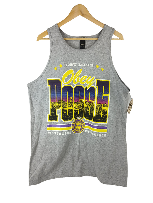 Obey Obey Posse EST 1989 LA Cityscape Grey Purple Yellow Lakers Colors Mens Size Large Sleeveless Tank Top Shirt Vintage
