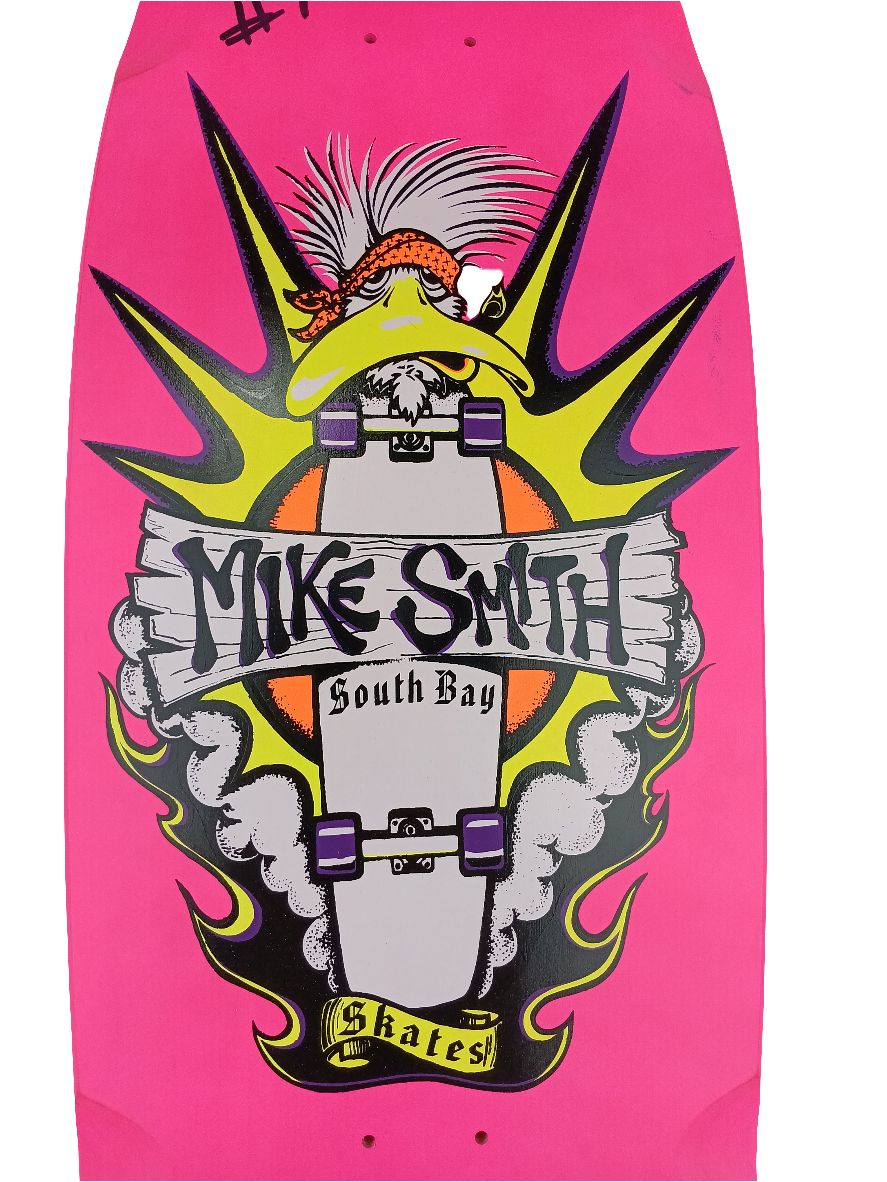 South Bay Skates Mike Smith Duck Graphic Pink Black Yellow Autographed By Mike Smith Size 10.75" Vintage NOS Deck