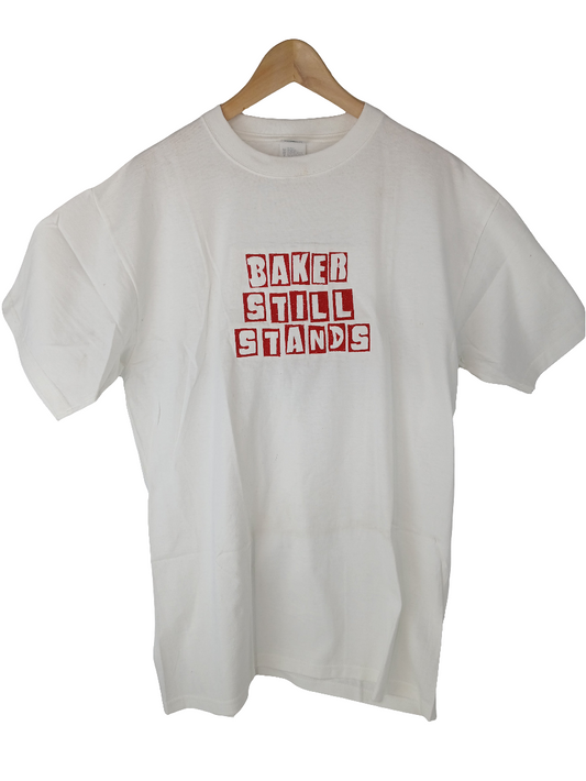 Baker Still Stands White with Red embroider Large T-shirt