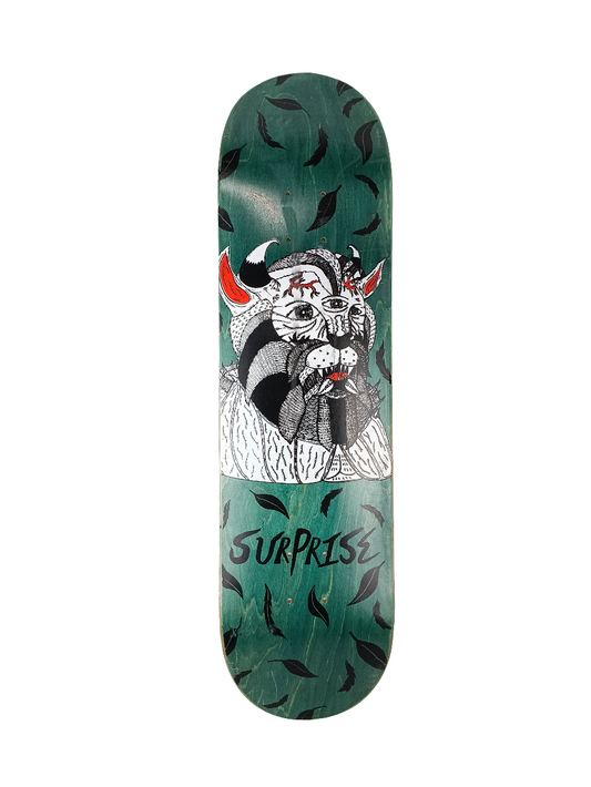Surprise 3 Eyed Cat Graphic Green Woodgrain White Red Size 8.25" Vintage NOS Deck