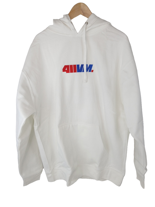 411 Video Magazine 411VM White Red Blue Mens Size XL L/s Drawstring Hooded Sweatshirt Vintage