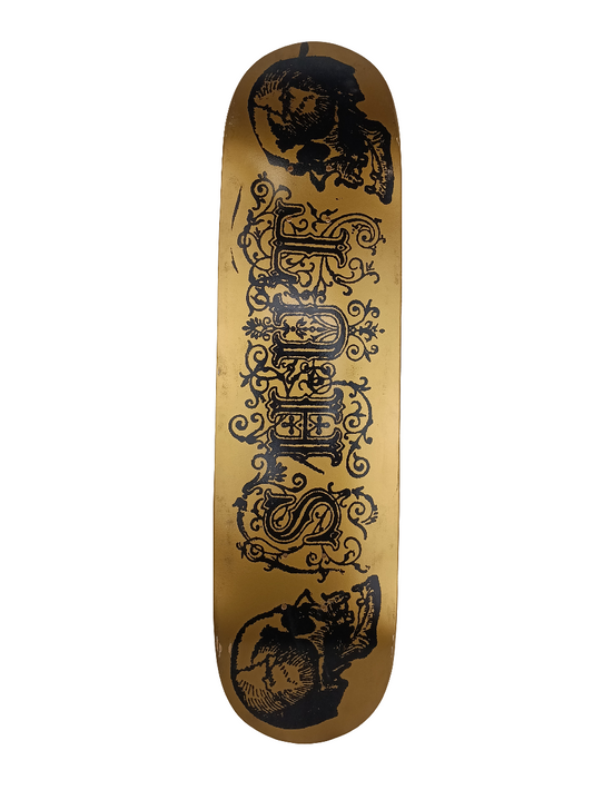 Shut Skull and Floral Graphic Gold Black Size 8 Skateboard Deck