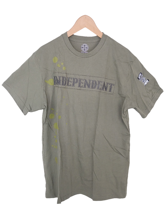 Independent Bold Logo Paint Drips Olive Black Green Mens Size XL S/s Vintage Shirt