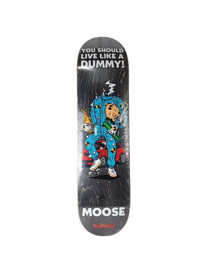 Deathwish Moose Mascot Mayhem Crash Dummy Black Woodgrain Blue White Size 8.125 Vintage NOS Deck
