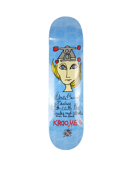 Krooked Mark Gonzales Skateboard Goddess With the Trucks And Wheels Over Her Head Blue Multi Size 7.75" Vintage NOS Deck