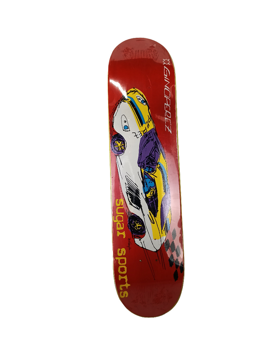 Sugar Sports Gino Perez Race Car Mark Gonzales Drawing Red White Yellow Size 7.5" Vintage NOS Deck