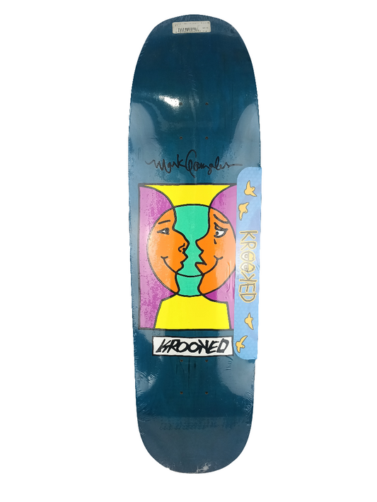 Krooked Mark Gonzales Dos Lunas Graphic Teal Woodgrain Multi Color Size 8.75 Shaped Skateboard Deck