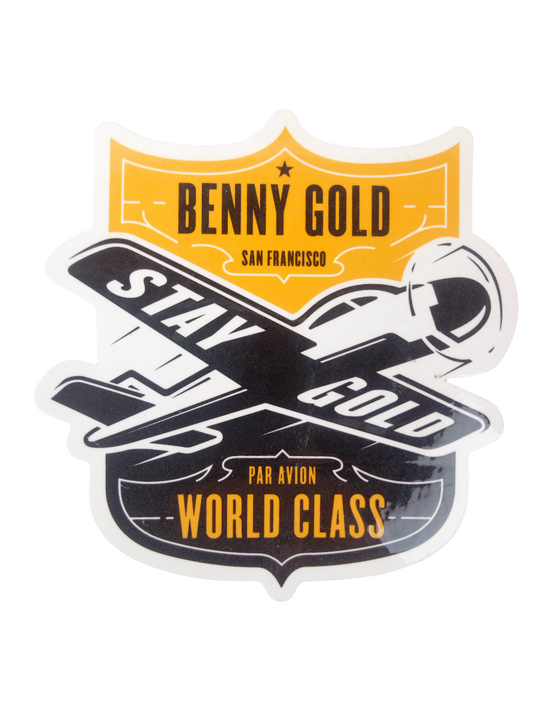 Benny Gold Stay Gold World Class Plane Clear Black Gold 3.75" x 3.75" Vintage NOS Sticker