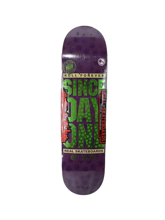 Real Skateboards Limited HUF Edition Roll Forever Since Day One Purple Green Foil Leaves Size 8.18" Vintage NOS Deck