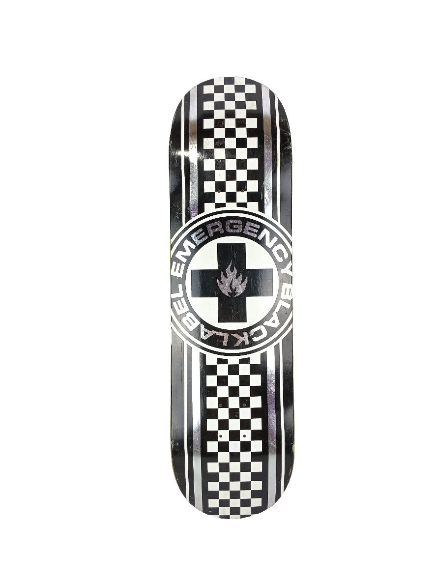 Black Label Emergency Team Deck Racing Stripes Black White Silver Foil Size 8.66 Vintage NOS Deck