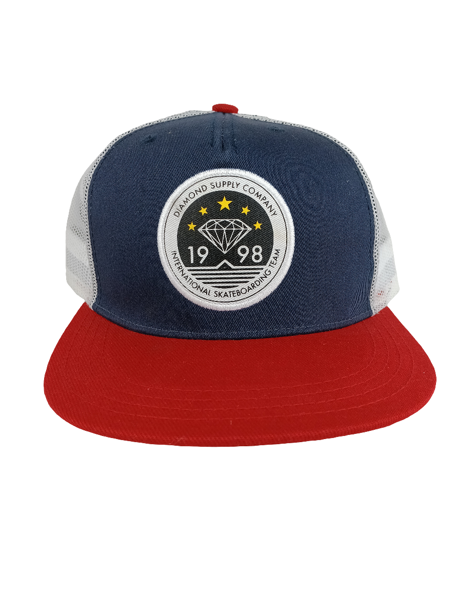 Diamond Supply Co. 1998 International Skateboarding Team Red Navy White Mesh Snapback Hat