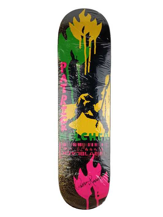 Black Label Patrick Melcher Guitar Smash Paint Splatter Multicolor 7.8 Autographed Vintage NOS Deck