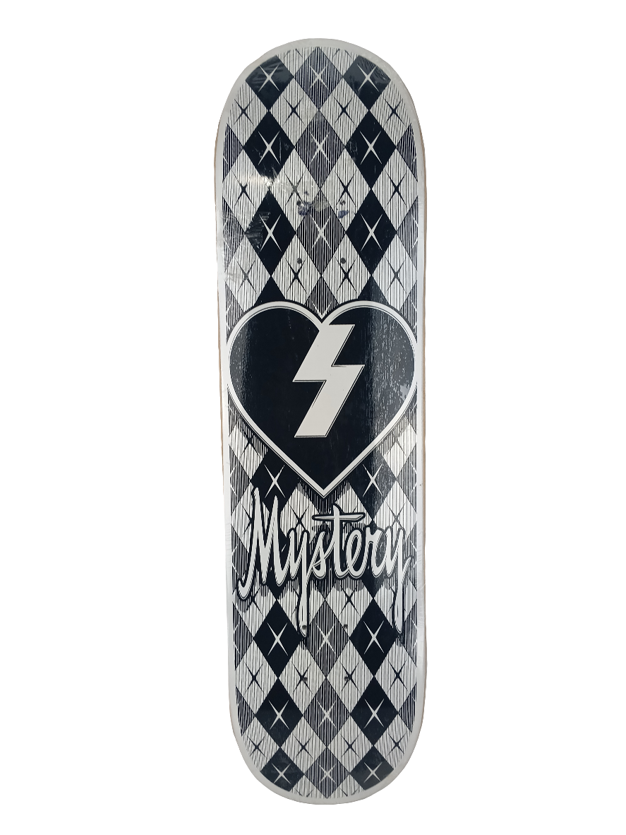 Mystery Skateboards Argyle Deck (Bobier) Black White Heart Size 8.0" Vintage NOS Deck