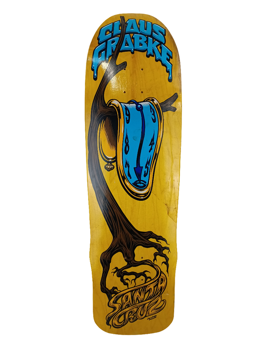 Santa Cruz Clause Grabke Melting Clock Woodgrain Brown Yellow Blue 9.38" Vintage NOS Deck