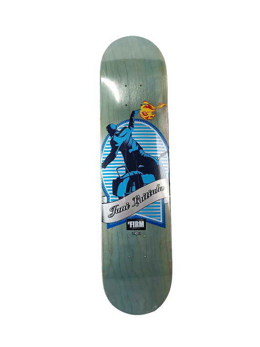 The Firm Jani Laitiala Motorcycle Shooter Teal Woodgrain Blue Silver Size 7.5" Vintage NOS Deck