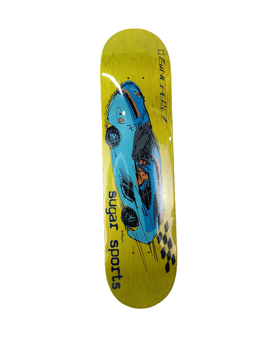 Sugar Sports Gino Perez Race Car Mark Gonzales Drawing Yellow Blue Orange Size 7.75" Vintage NOS Deck