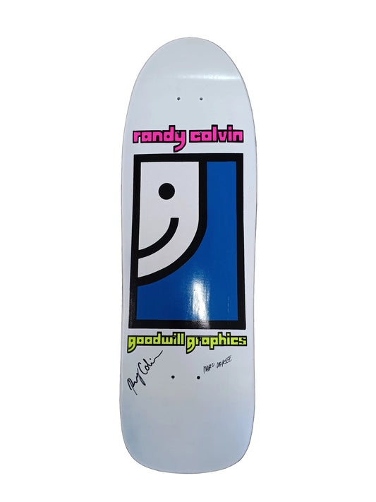 Prime World Industries Randy Colvin & Marc McKee Autographed Goodwill Graphics White Blue Neon Pink & Green Size 9.5" Vintage NOS Autographed Deck