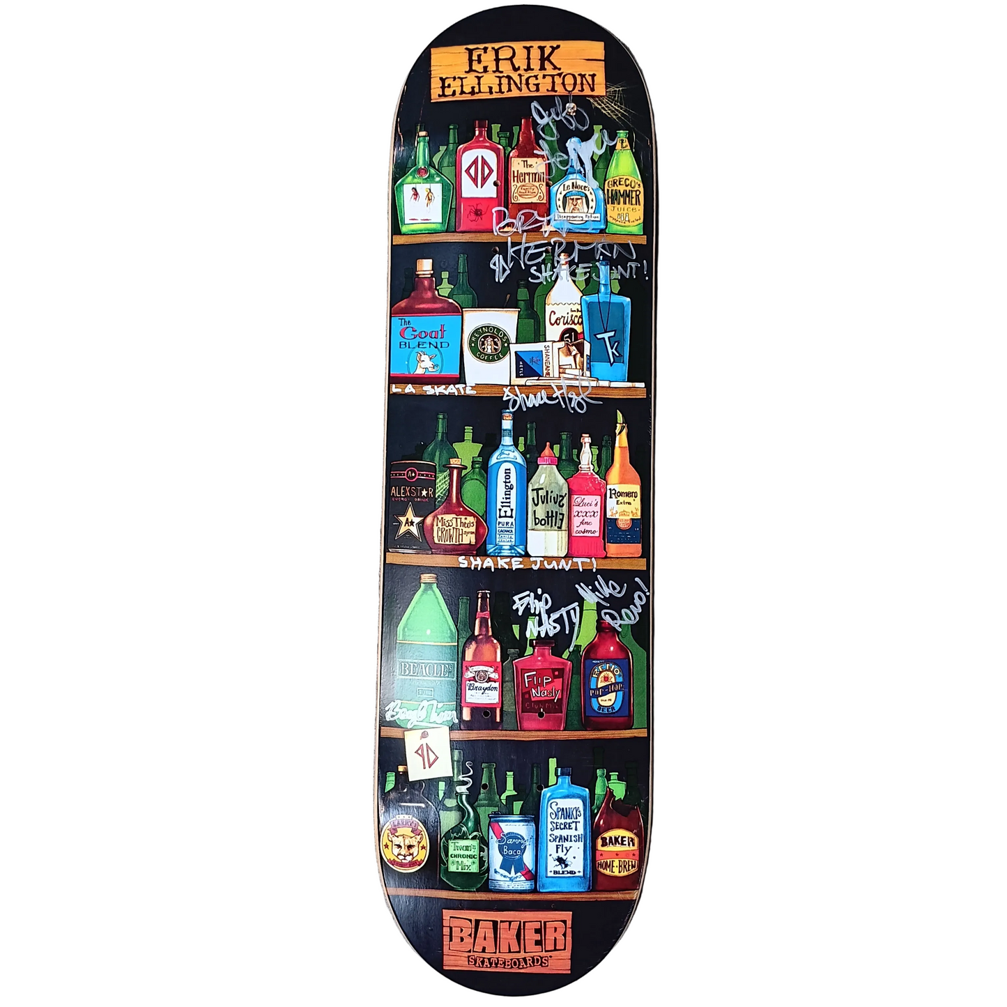 Baker Erik Ellington Alcohol Graphic Signed By Shake Junt Team Black Multi Color Size 8.5 Skateboard Deck