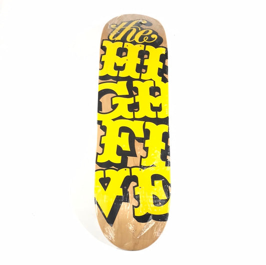 The High Five Vertical Text Yellow 8.38 Skateboard deck